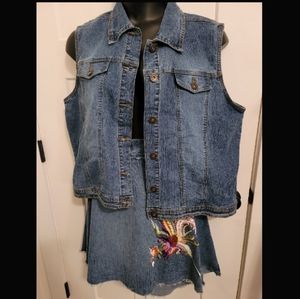 Embroidered denim vest & skirt set